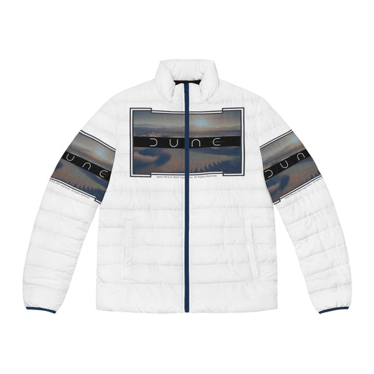 Dune-inspired puffer jacket with a white background