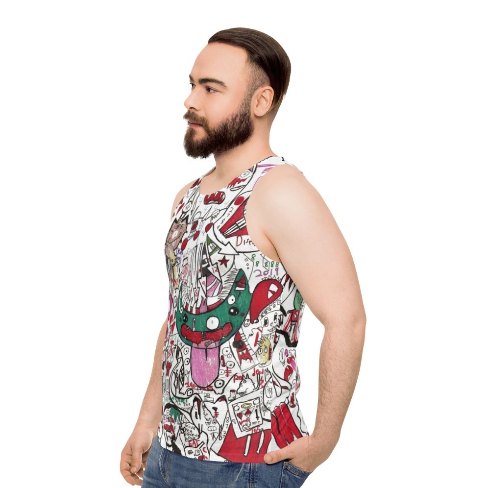 Psychedelic unisex tank top with morph, anime, and funky art design - men side