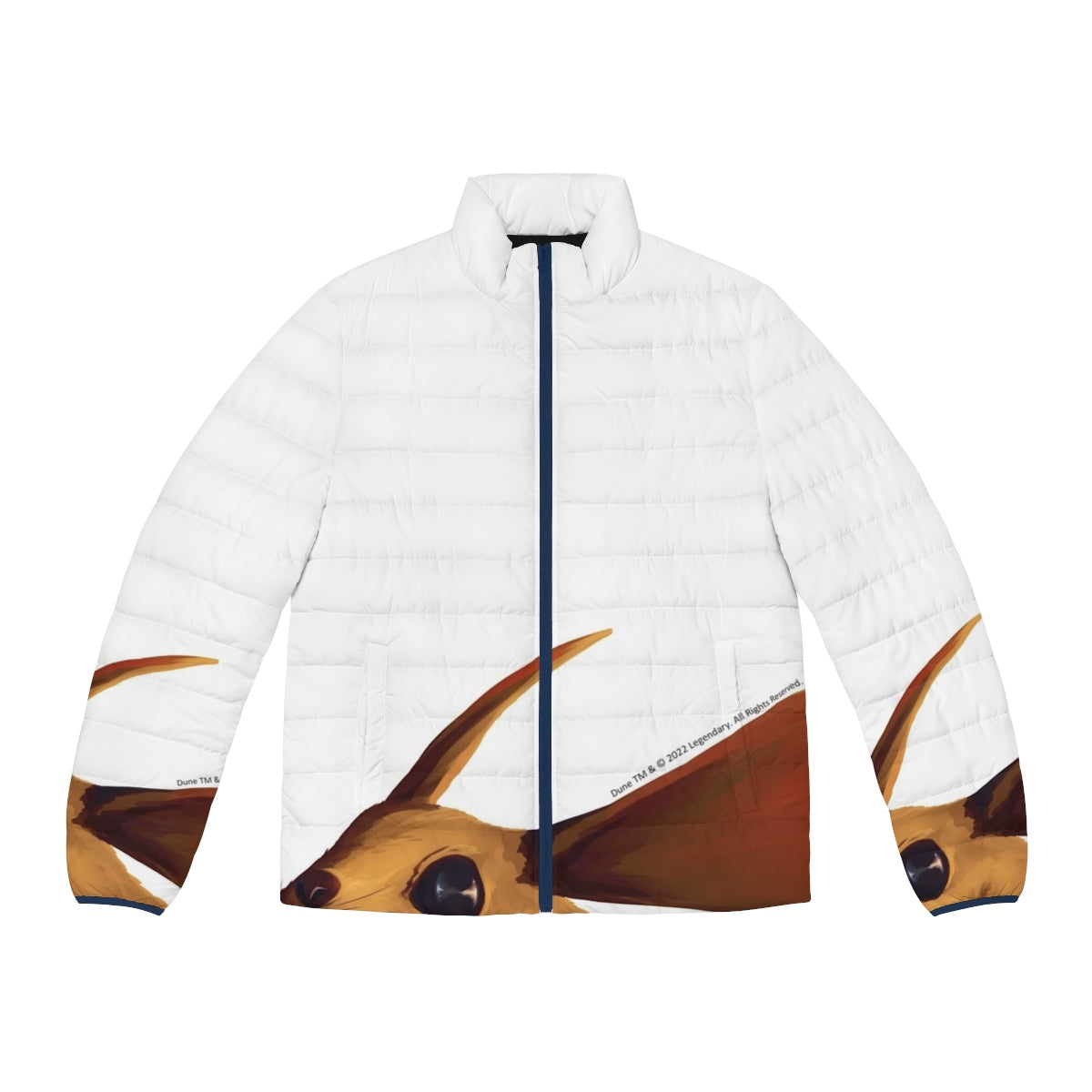 A puffer jacket featuring a desert mouse design inspired by the Dune movie