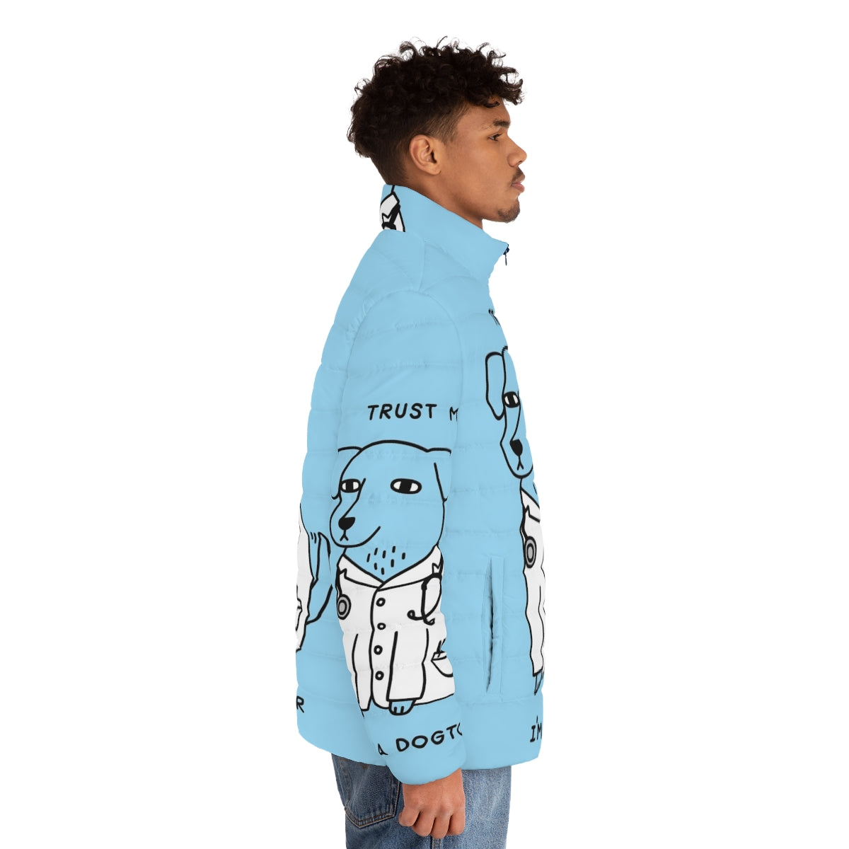 Dogtor Puffer Jacket featuring a dog wearing a stethoscope and medical attire - men side right