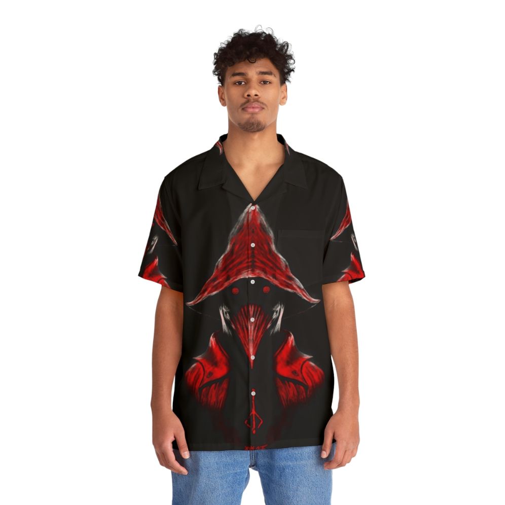 Bloodborne-inspired Hawaiian shirt with crow and horror design - People Front