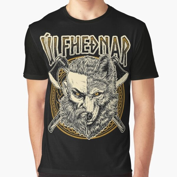 Graphic t-shirt featuring a viking ulfhednar warrior with norse pagan runes and symbols.