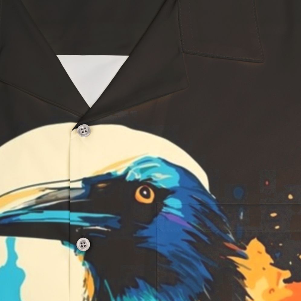 Colorful Hawaiian shirt featuring a design of crows and ravens against a dark background - Detail