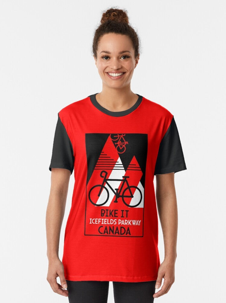 Graphic T-shirt design featuring a cyclist riding on the Icefields Parkway in the Canadian Rockies, Alberta, Canada - Women