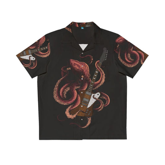 Octopus playing an electric guitar on a vibrant Hawaiian shirt