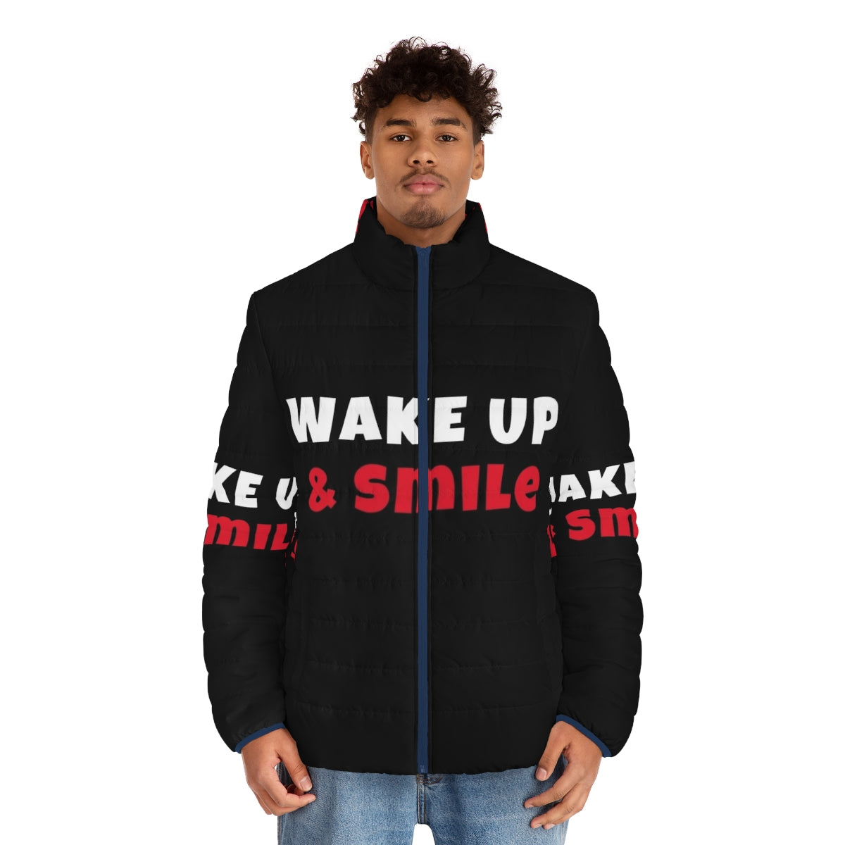 Vibrant puffer jacket with "Wake Up and Smile" text, perfect for active lifestyles - men front