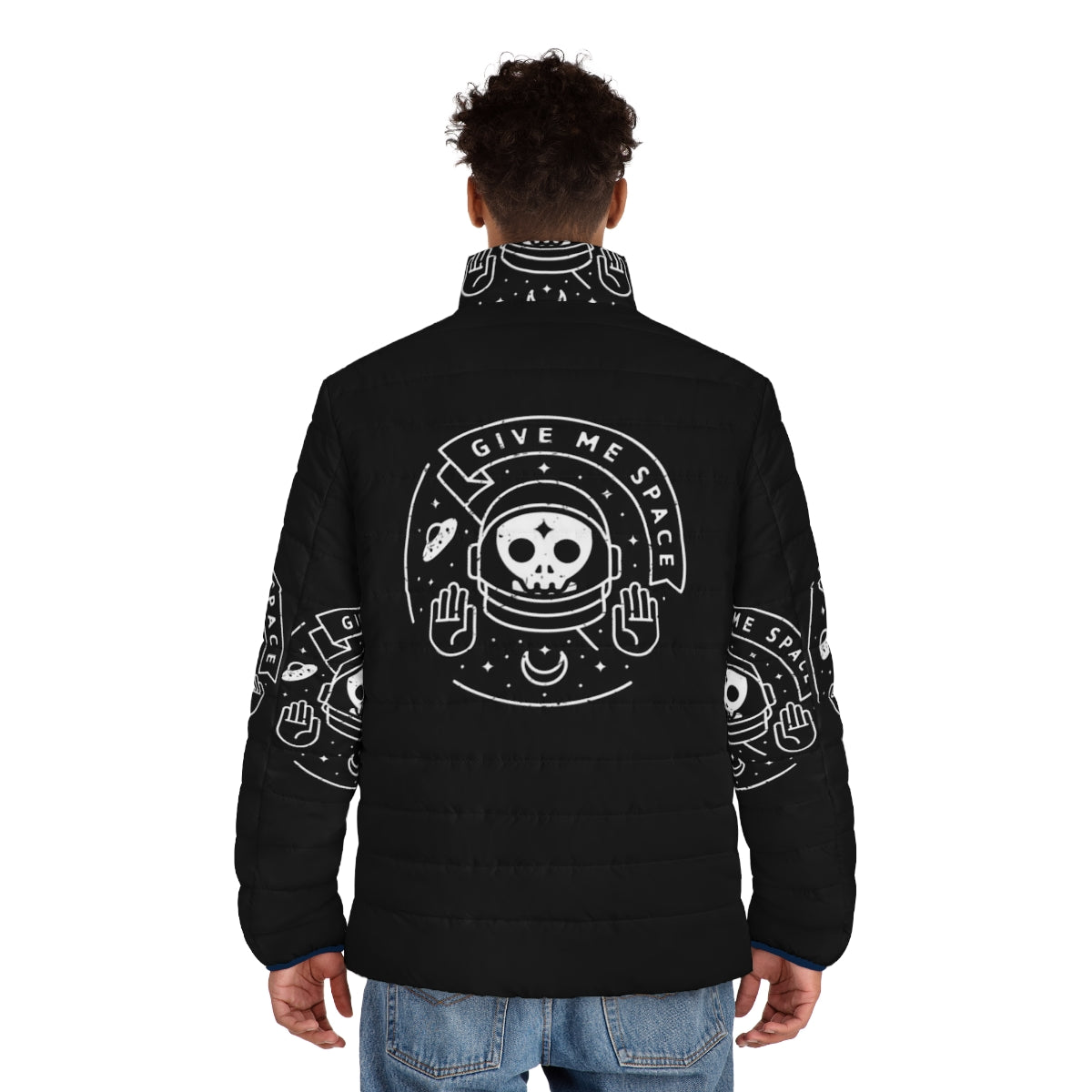 "Give Me Space" Puffer Jacket with astronaut and space elements - men back