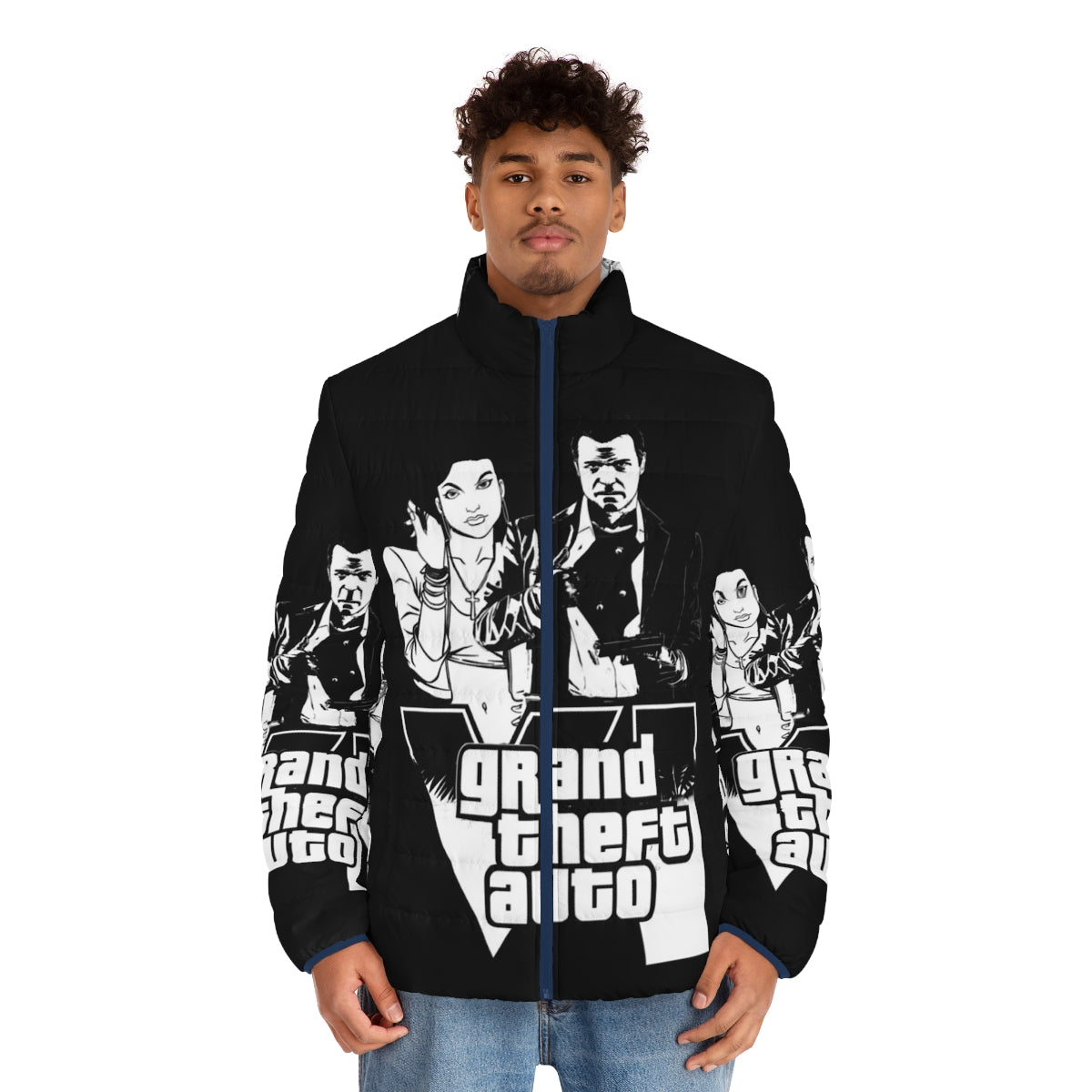 Grand Theft Auto inspired puffer jacket featuring classic gaming graphics and nostalgia - men front