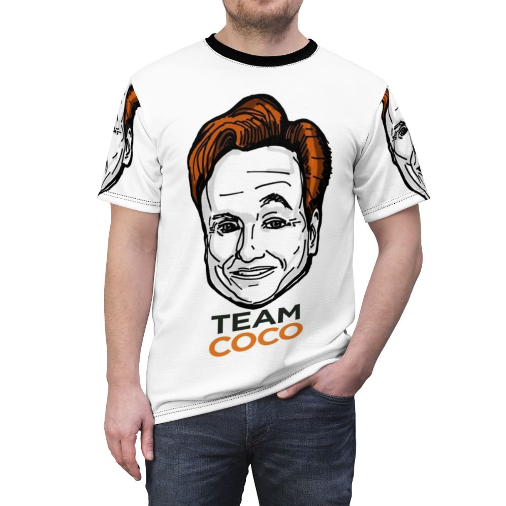 Conan O'Brien inspired All Over Print t-shirt featuring his distinctive eyebrows and "Team Coco" branding - men front