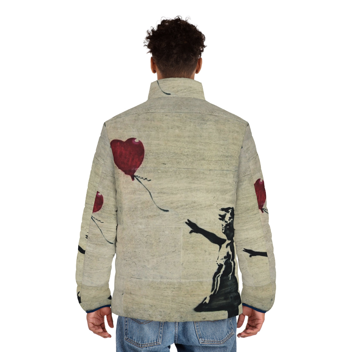 Banksy's iconic Girl With A Red Balloon III design printed on a high-quality puffer jacket - men back