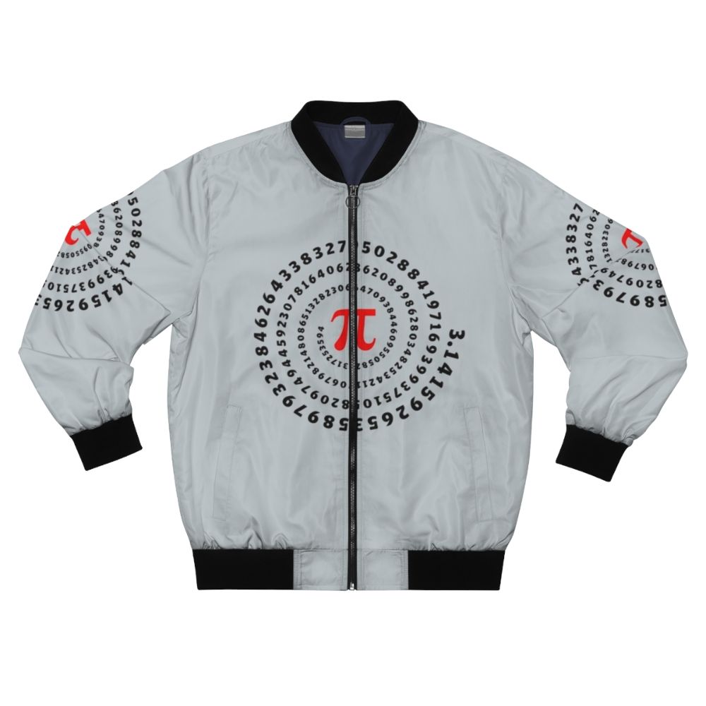 Bomber jacket featuring a print of the mathematical symbol pi (π) and a spiral design, representing science and mathematics.