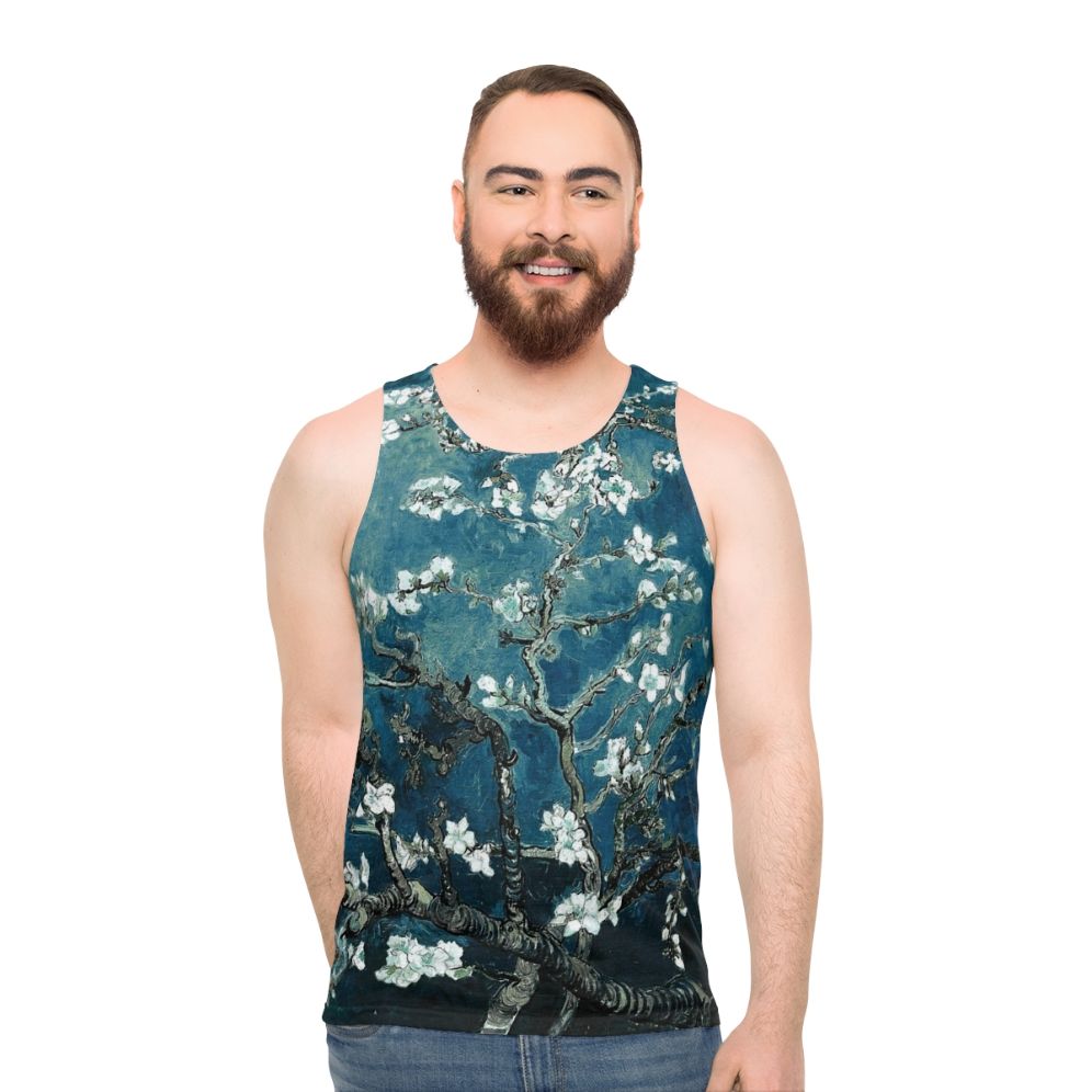 Vintage inspired Van Gogh Almond Blossoms Teal Unisex Tank Top - men