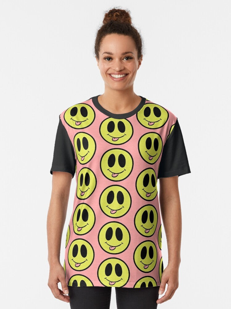 A vibrant and fun t-shirt featuring a smiley face graphic with a playful, colorful design. - Women