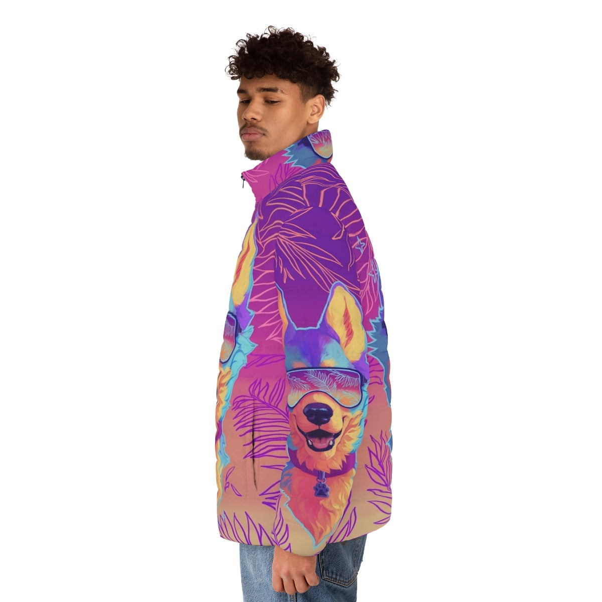 A vibrant and shimmering puffer jacket featuring an anthro sparkle dog design in a vaporwave aesthetic. - men side left