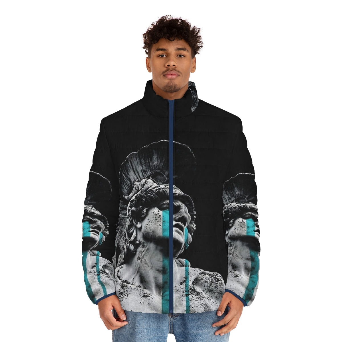 A puffer jacket featuring a digital art collage of a crying ancient Greek soldier in a surreal, black and white setting - men front