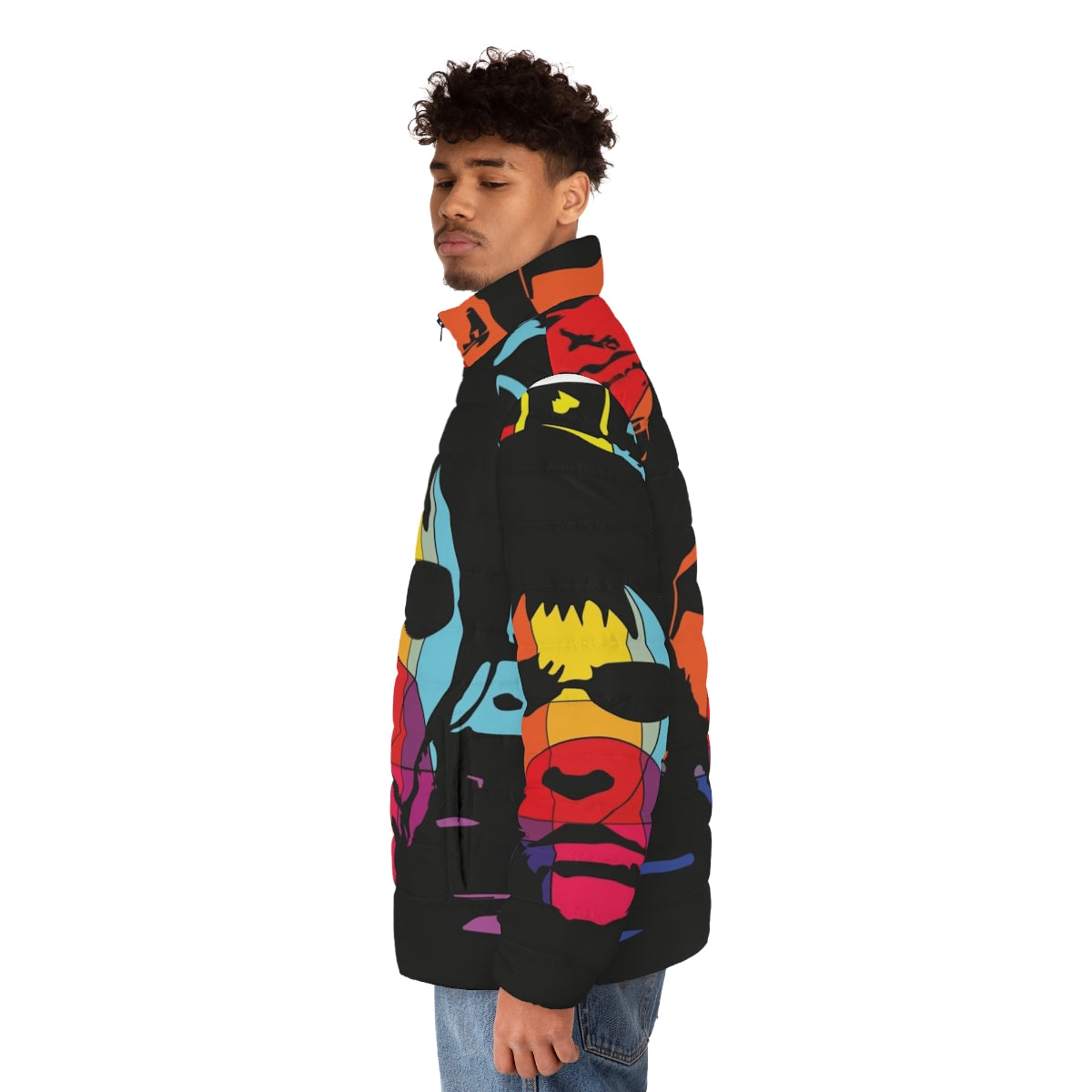 Ian Brown 'King Monkey' Puffer Jacket - 90s Madchester Indie Music Pop Art Style - men side left