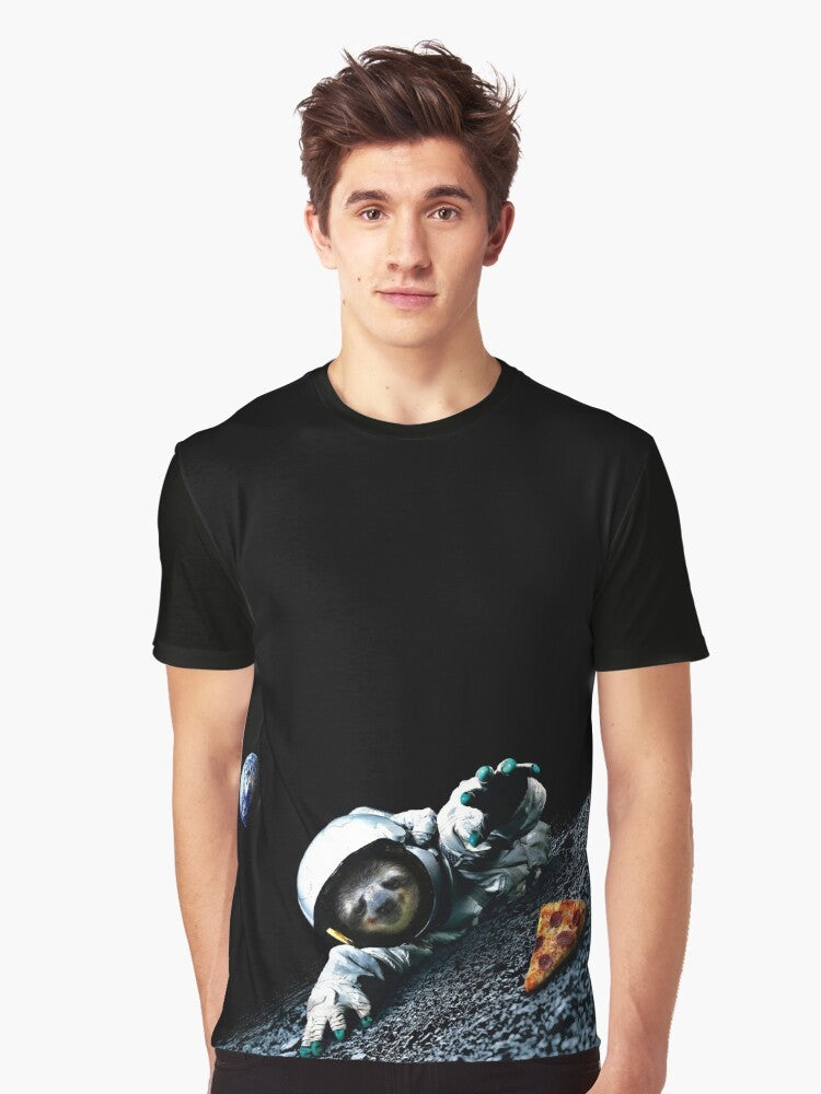 Slothstronaut graphic t-shirt featuring an astronaut sloth floating in space with a pizza slice - Men