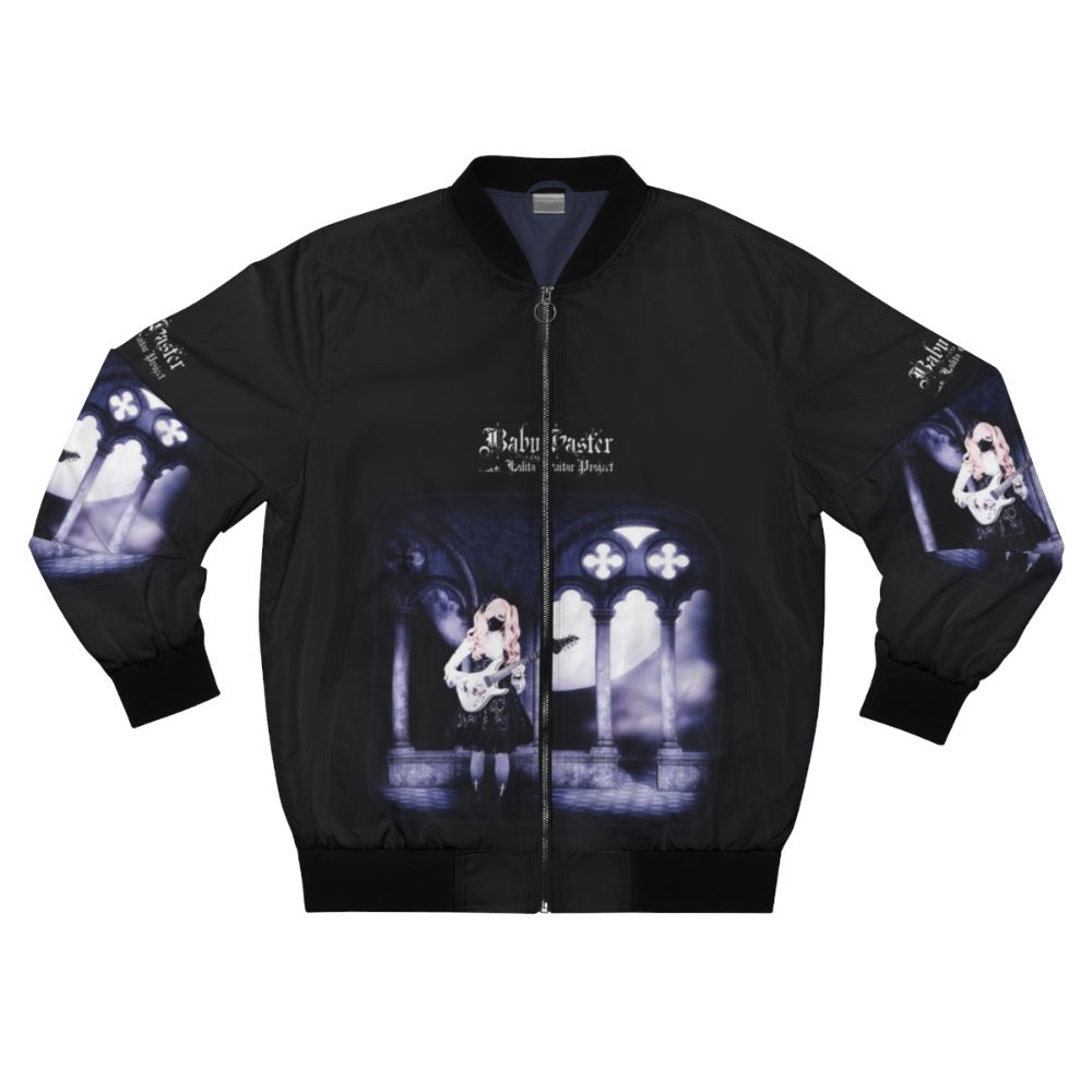 A gothic-style bomber jacket with lolita fashion details, perfect for guitar players and YouTube creators.