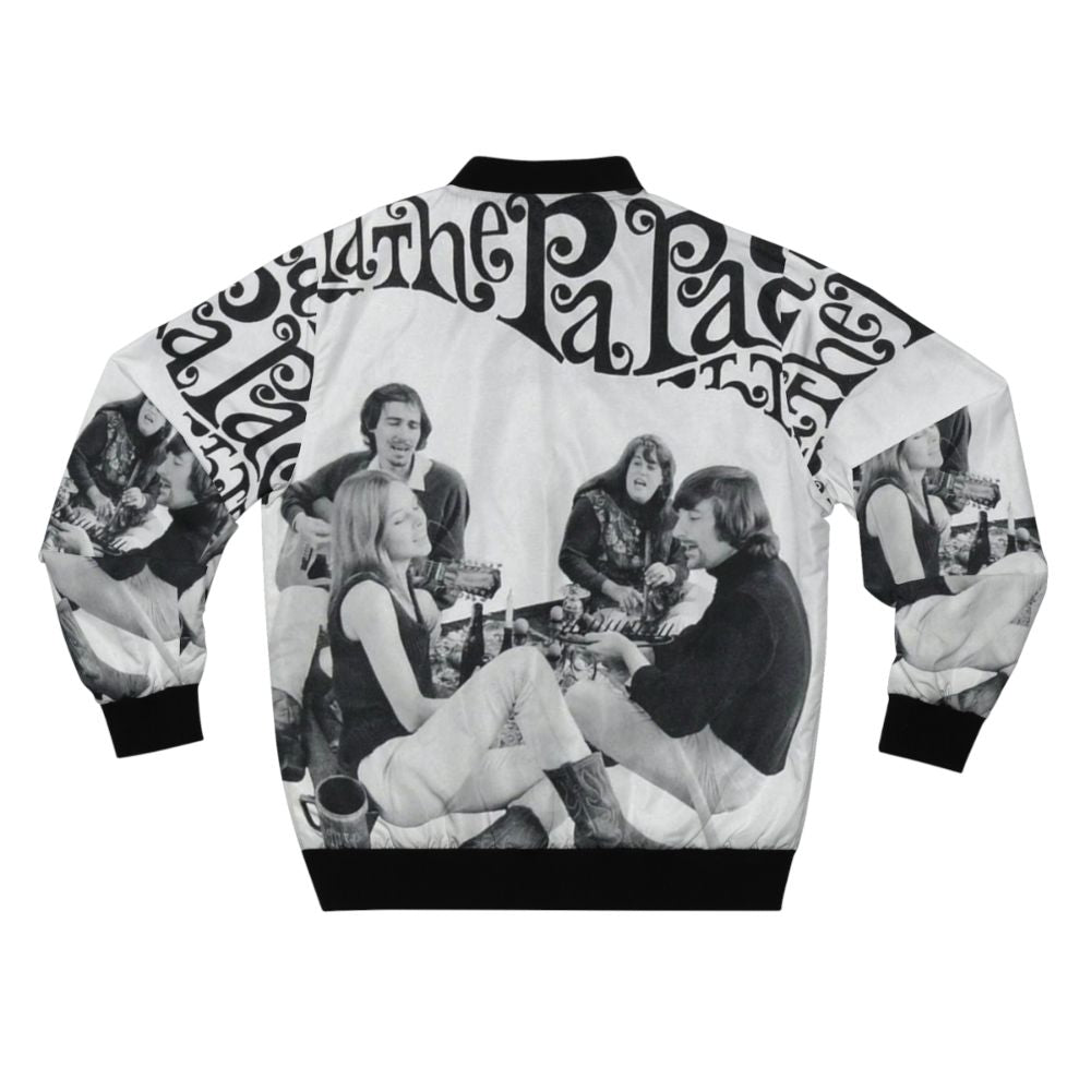 Vintage-inspired Mamas and Papas bomber jacket with retro 1960s music graphics and California dreaming design - Back