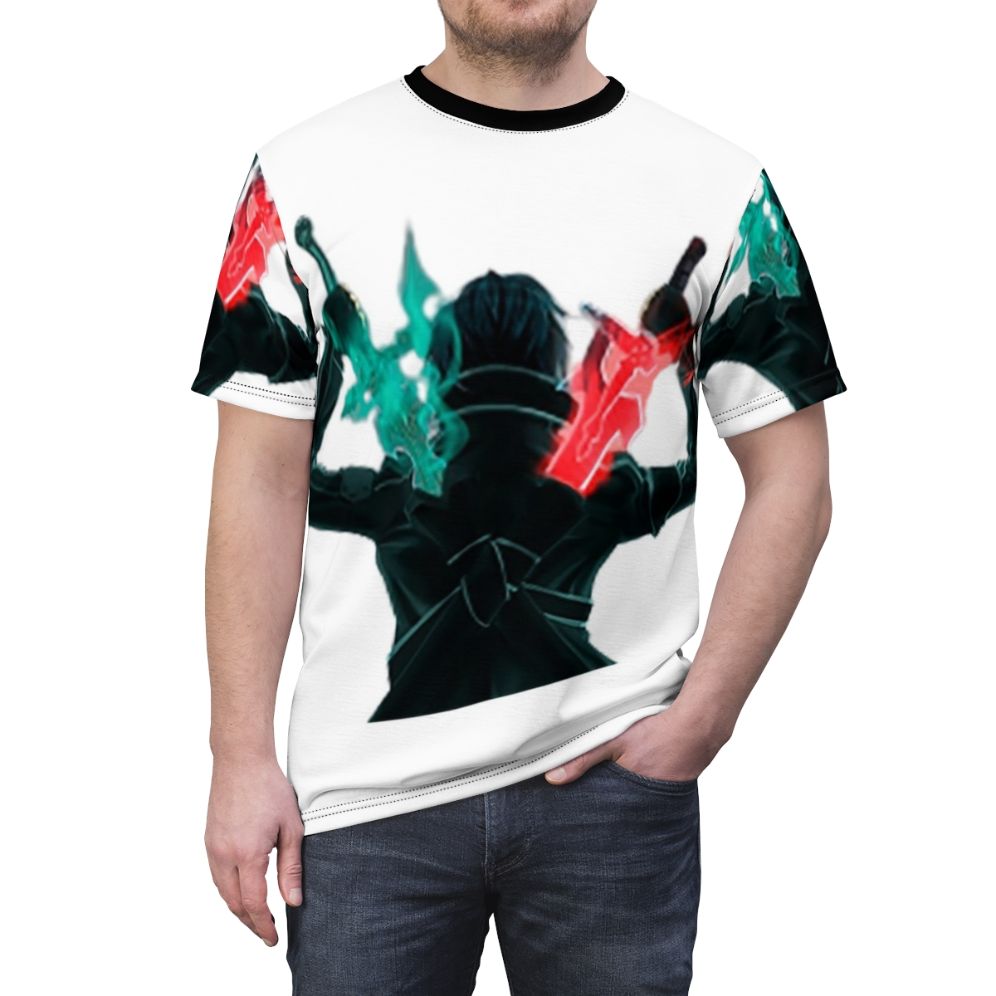 Anime-inspired t-shirt featuring a stylized two-sword design - men front