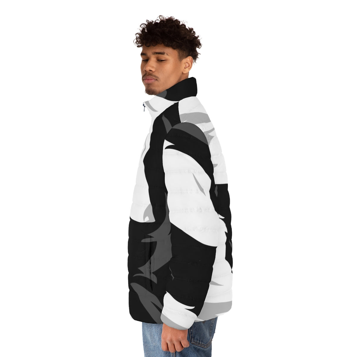 A cozy black and white puffer jacket with a yin yang animal print design. - men side left