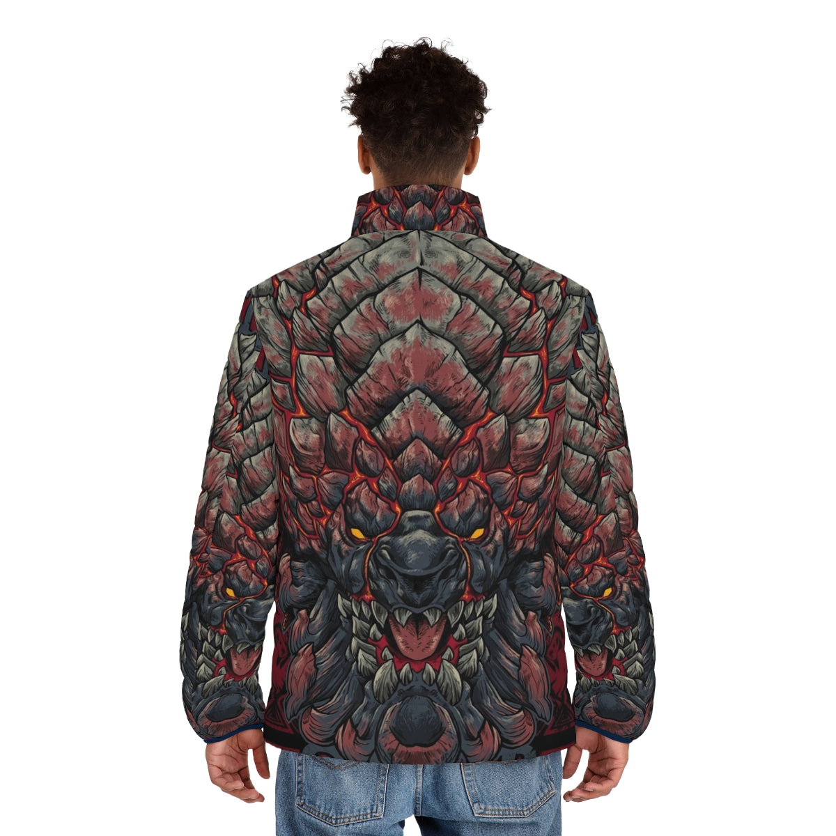 A warm and durable puffer jacket featuring the Bazelgeuse monster design, perfect for Monster Hunter fans. - men back