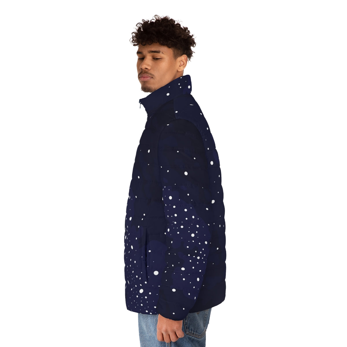 Starry night sky puffer jacket with milky way galaxy and stars - men side left