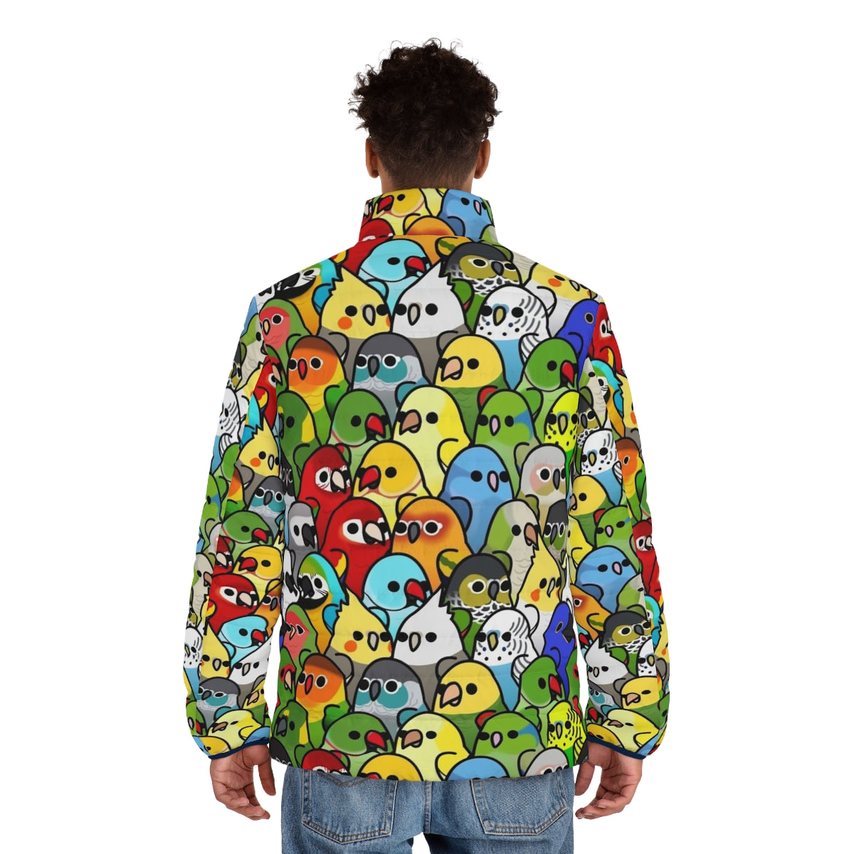 Too Many Birds Bird Squad Classic Puffer Jacket with a variety of colorful birds - men back