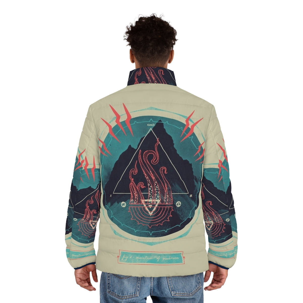 Puffer jacket with Lovecraft-inspired mountain and occult design - men back