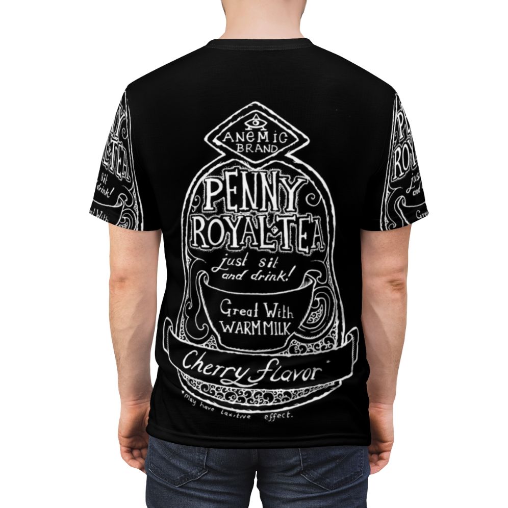 A t-shirt featuring hand-lettered lyrics to the Nirvana song "Pennyroyal Tea" - men back