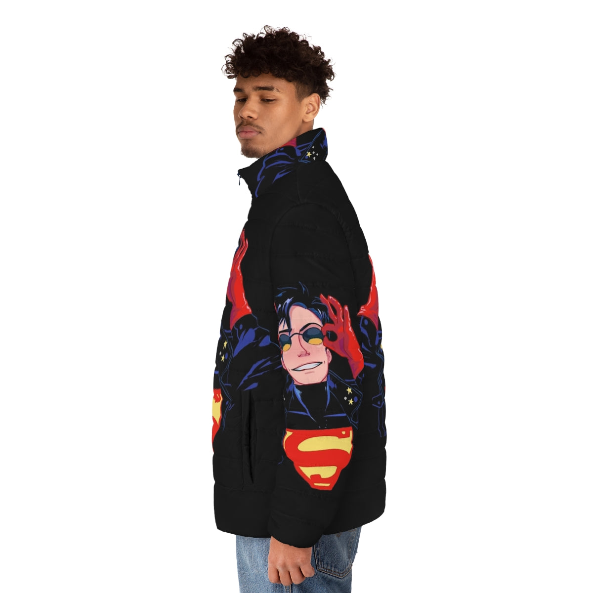 Superboy 90's Hero Puffer Jacket featuring DC Comics Inspired Superhero Design - men side left