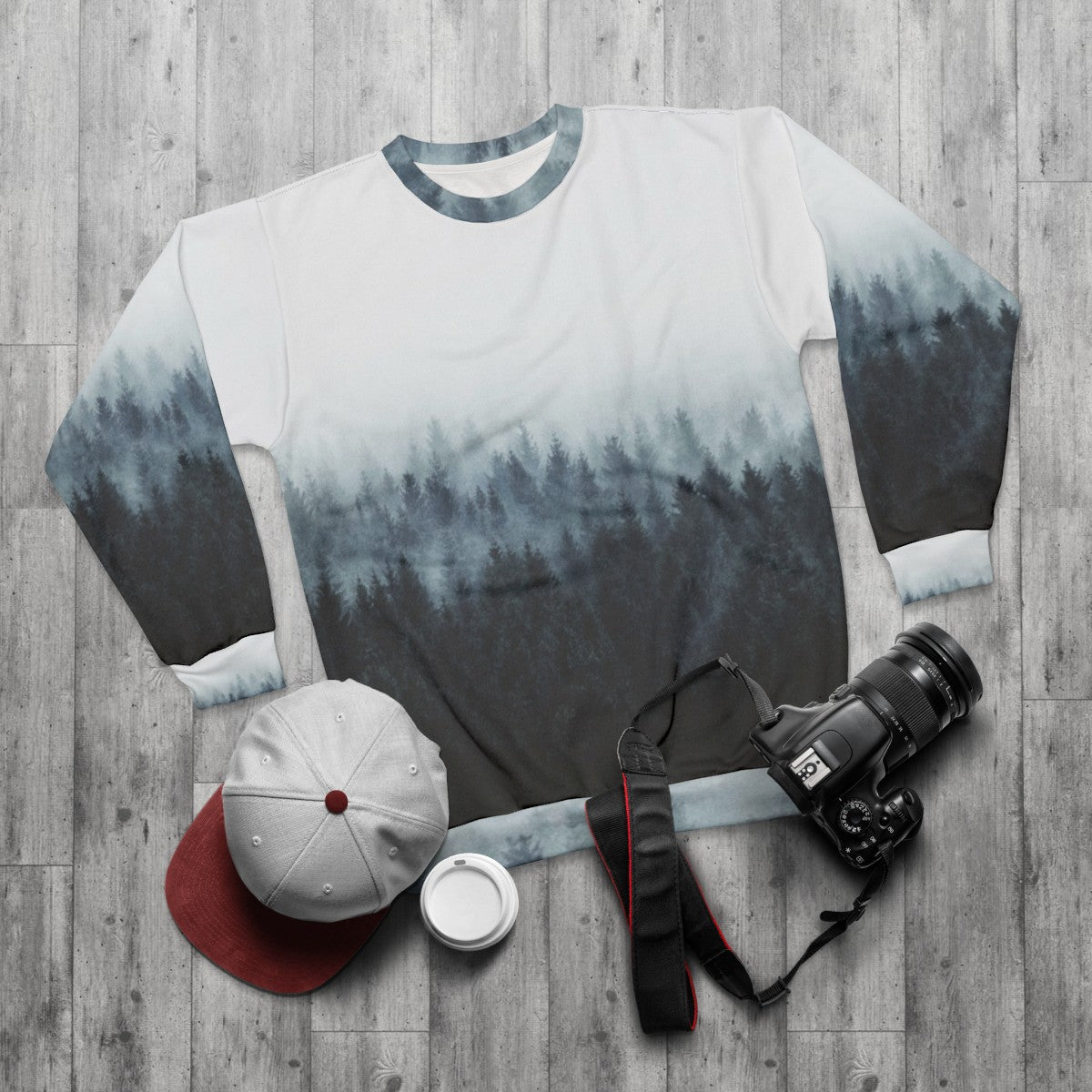 High and Low Sweatshirt with Foggy Forest Design - flat lay