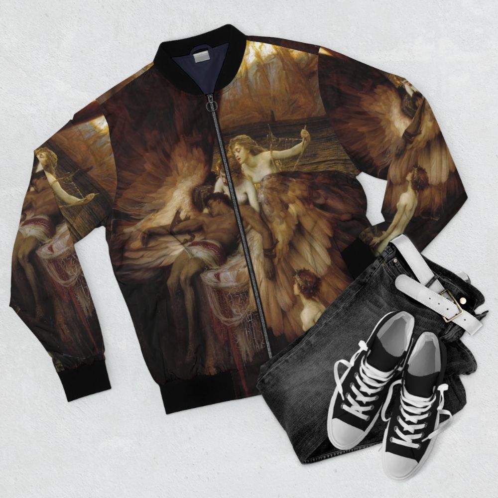 Bomber jacket featuring "The Lament for Icarus" painting by Herbert James Draper, depicting the mythological figure Icarus who flew too close to the sun. - Flat lay