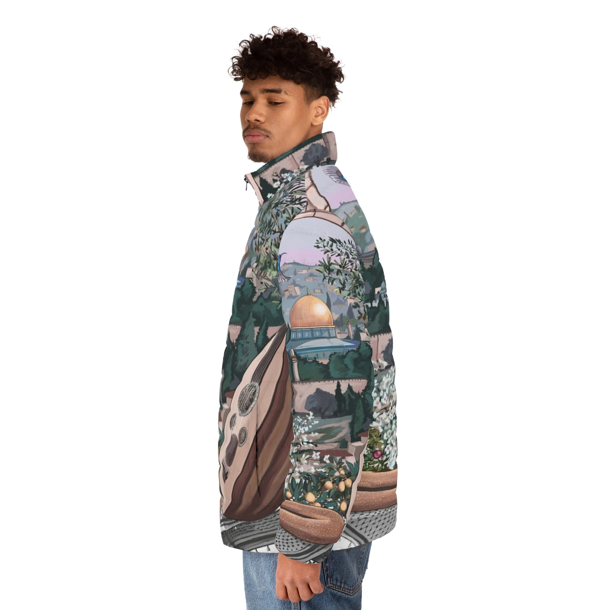 A puffer jacket with Arabic cultural elements such as the kuffiyeh pattern - men side left