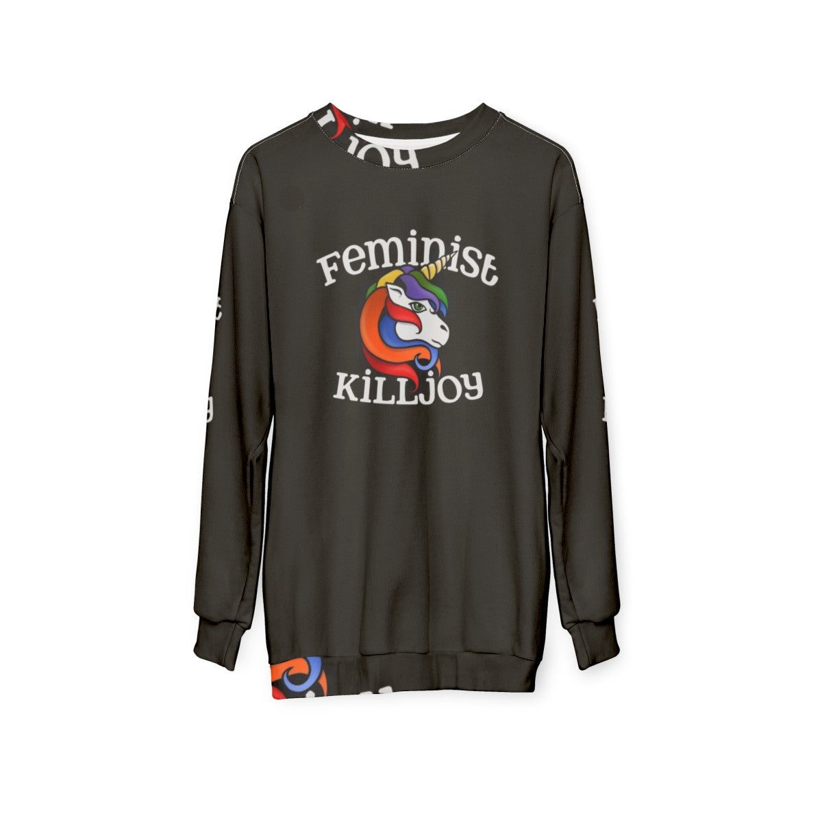 Feminist Killjoy Sweatshirt with Cute Unicorn and Rainbow Design - hanging