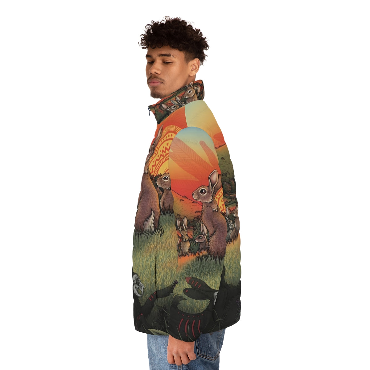 Watership Down inspired puffer jacket with rabbit and nature imagery - men side left