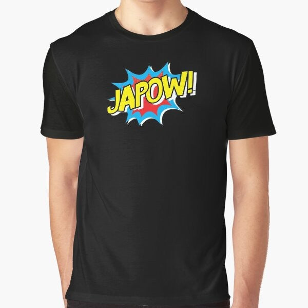 Japow graphic t-shirt featuring a powder snow and mountain design with Japanese elements