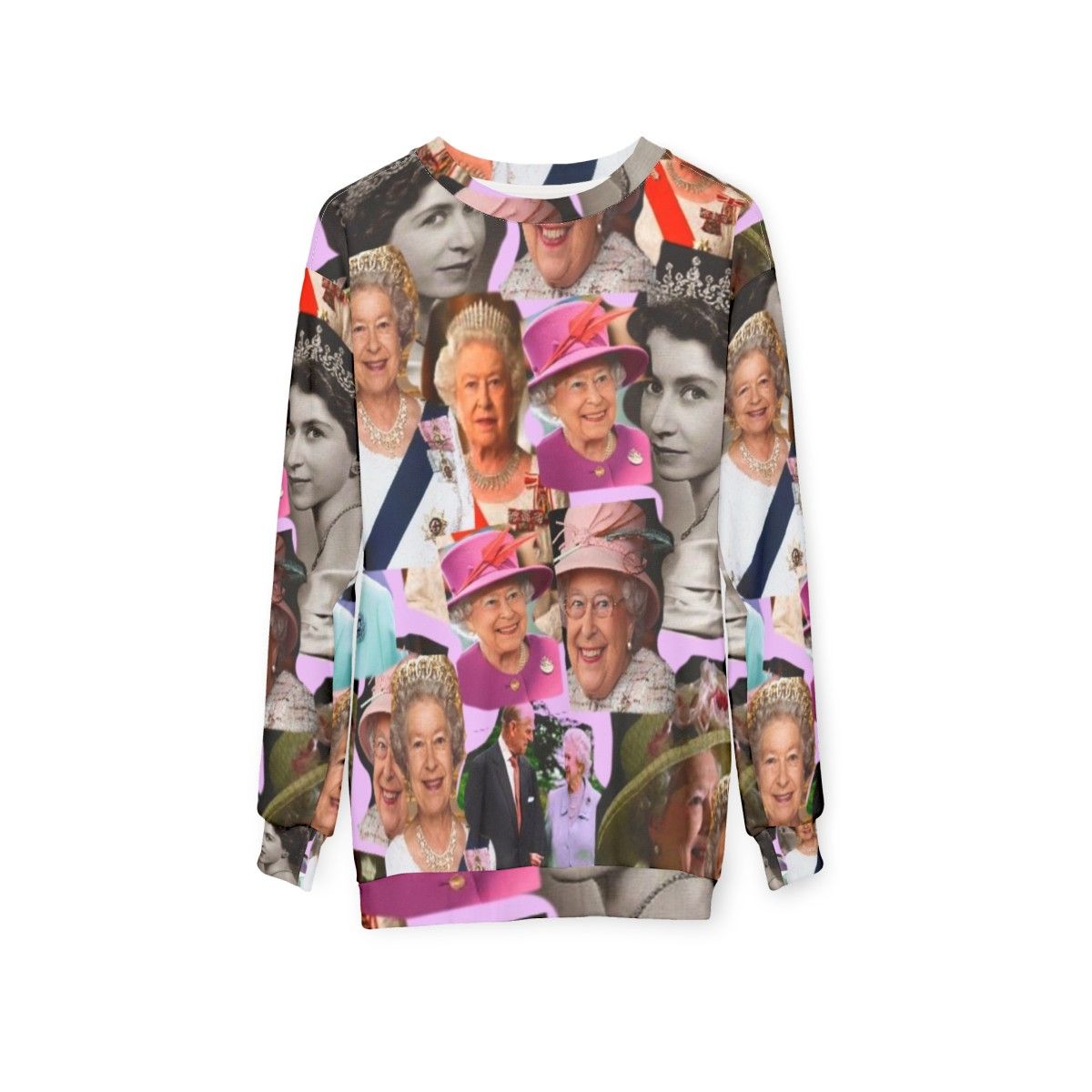 Queen Elizabeth II Sweatshirt featuring a pop art collage design - hanging