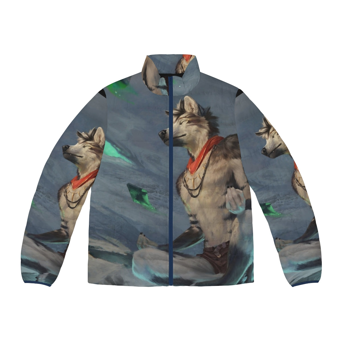 Anthro wolf wearing a magical meditation puffer jacket in a snowy, winter landscape