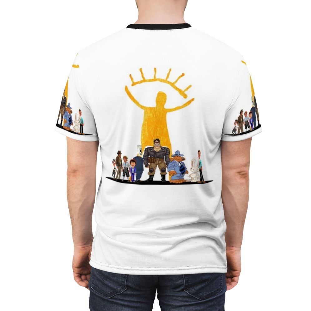 Graphic design of retro point and click adventure game characters on a t-shirt - men back