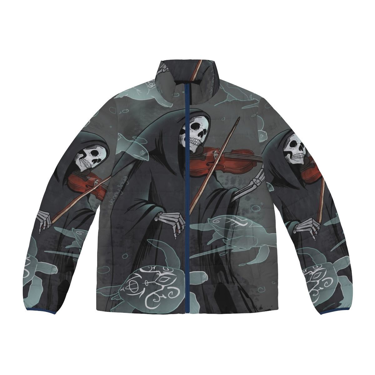 A dark and moody puffer jacket with a symphony and grim reaper design