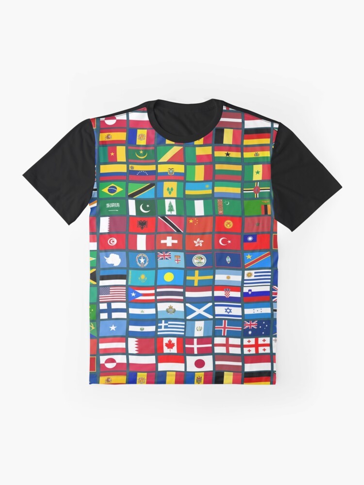 Graphic t-shirt design featuring flags of countries from around the world, perfect for geography enthusiasts and world travelers. - Flat lay