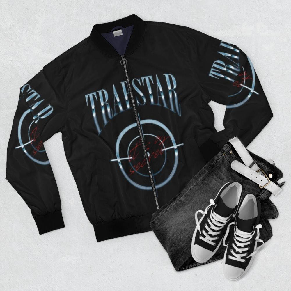 Trapstar Watch Your Back Bomber Jacket with Vibrant Purple Colors and Graphic Design - Flat lay