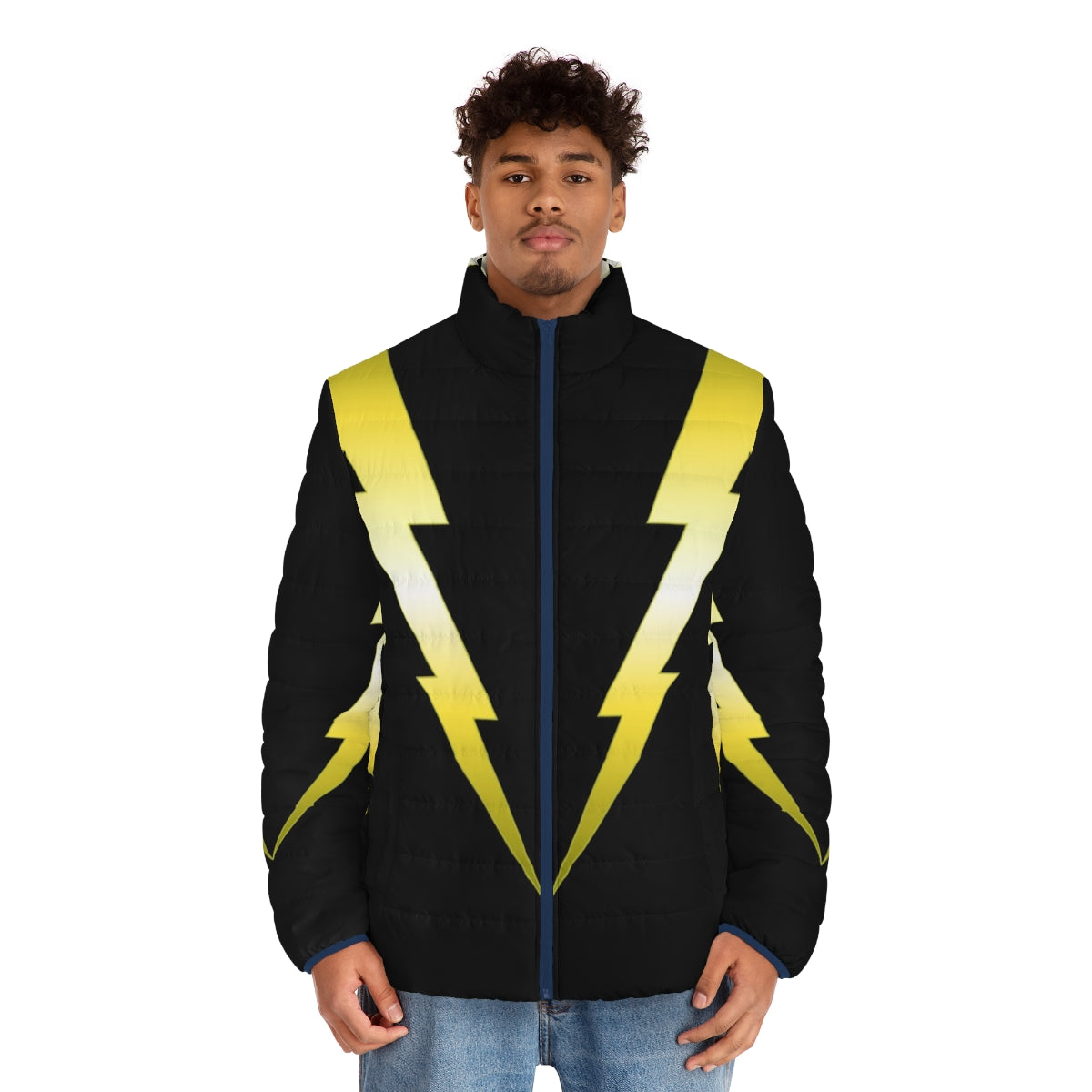 Stylish V Lightning Puffer Jacket with electric and comic book inspired design - men front