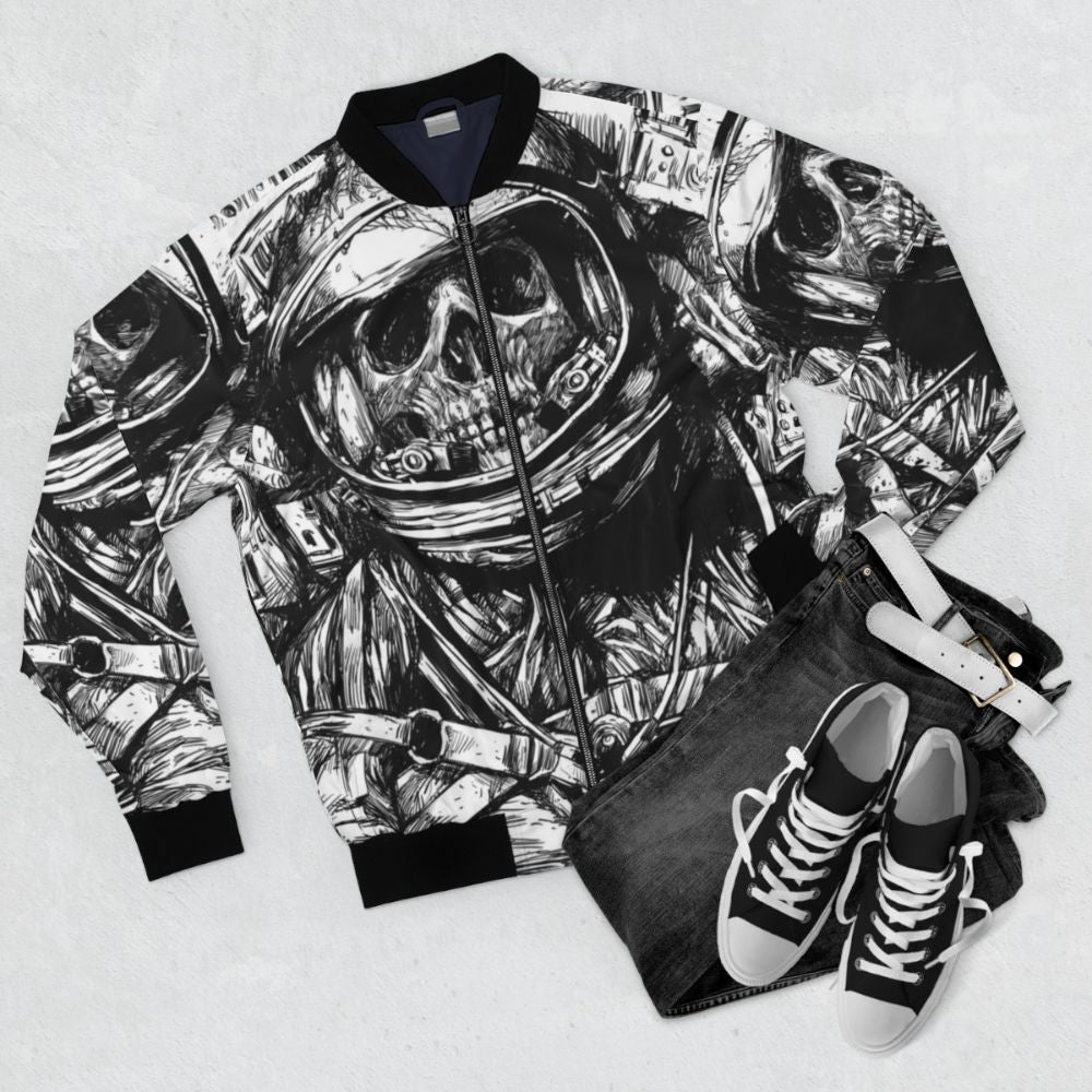 Abandoned astronaut horror bomber jacket with black and white space and zombie theme - Flat lay