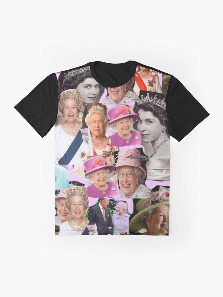 HRH Queen Elizabeth II Graphic T-Shirt, featuring a vibrant pop art collage design - Flat lay