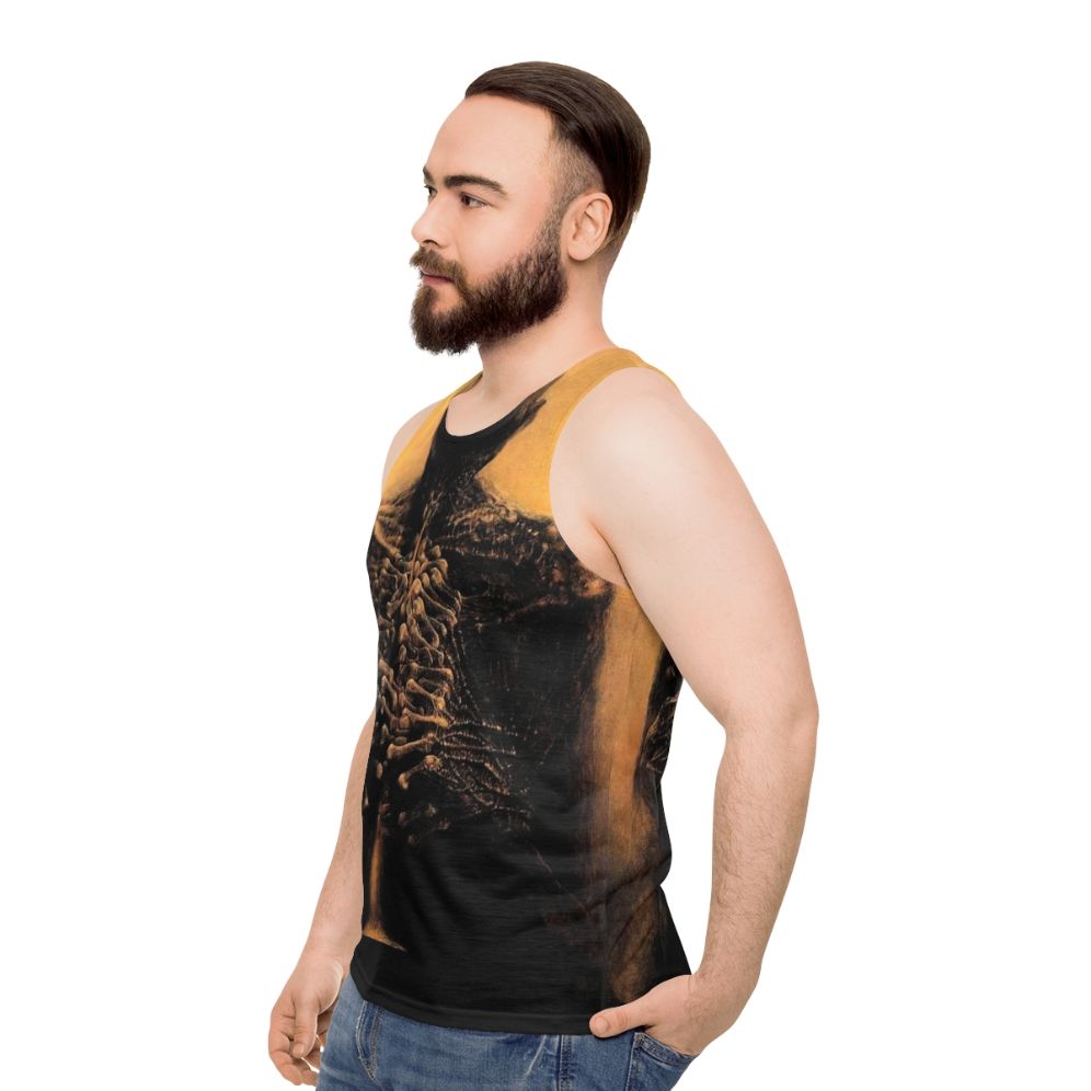 Unisex surrealist tank top with Beksinski's creepy skull artwork - men side