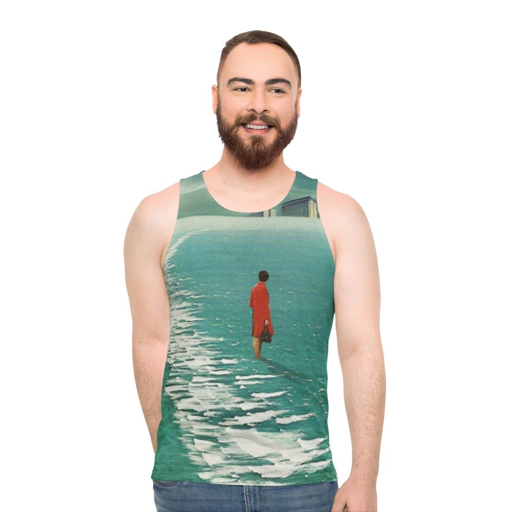 Unisex tank top with dystopian landscape and retro futuristic urban decay - men