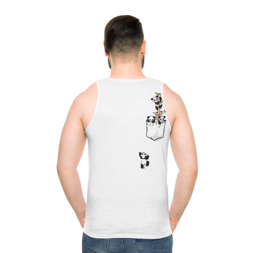 Pocket panda graphic printed on a unisex tank top - men back