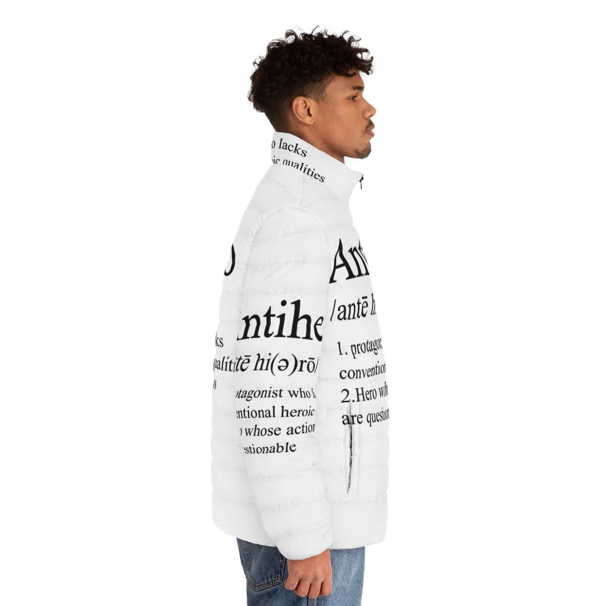 Antihero definition superhero puffer jacket with comic book inspired typography - men side right